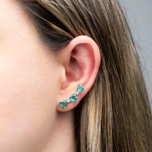 Brinco Ear Cuff Coração Esmeralda com Zircônias