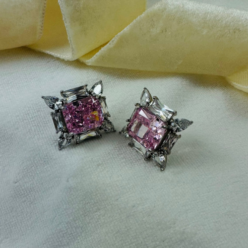 Brincos de Prata 925 com Diamante Carbono Rosa