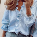 Camisa Com Babados Manga Longa Lisa