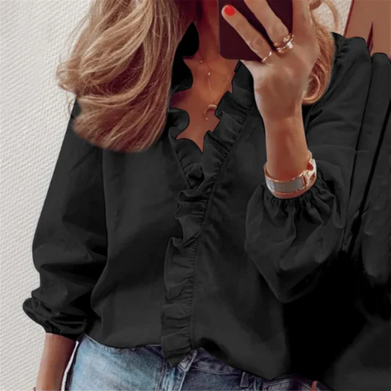 Camisa Com Babados Manga Longa Lisa