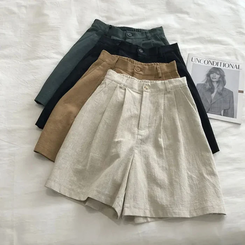 Shorts De Linho De Algodão De Cintura Alta Feminina