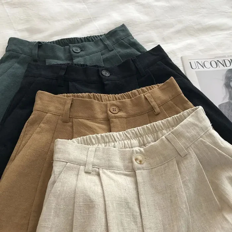 Shorts De Linho De Algodão De Cintura Alta Feminina