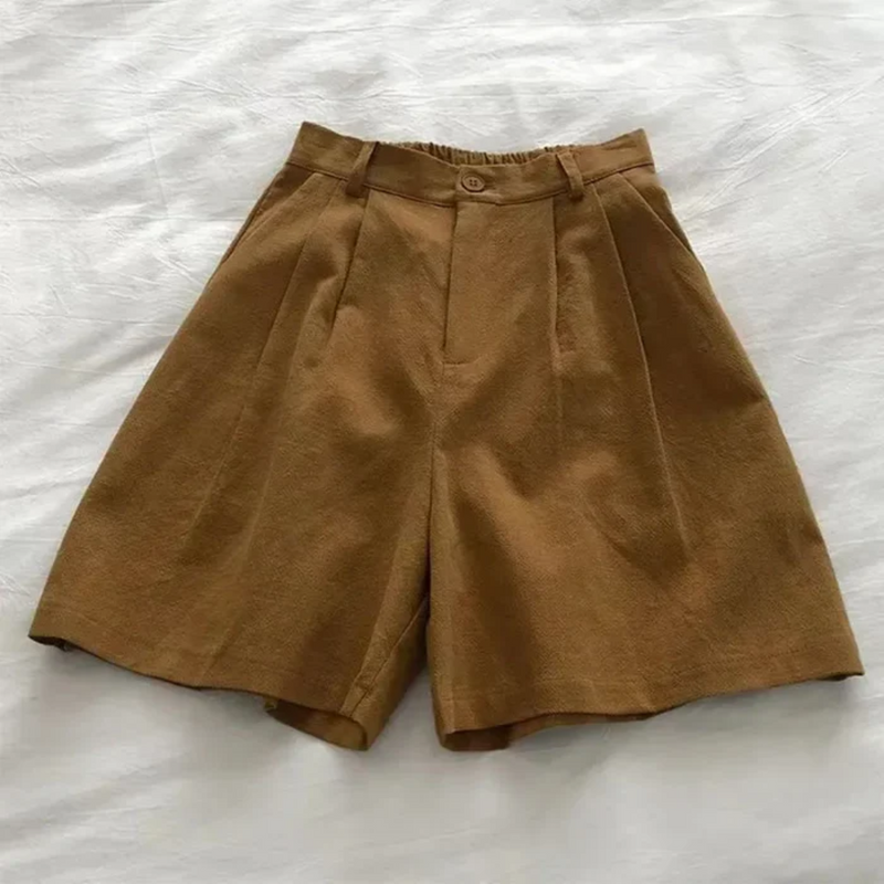 Shorts De Linho De Algodão De Cintura Alta Feminina