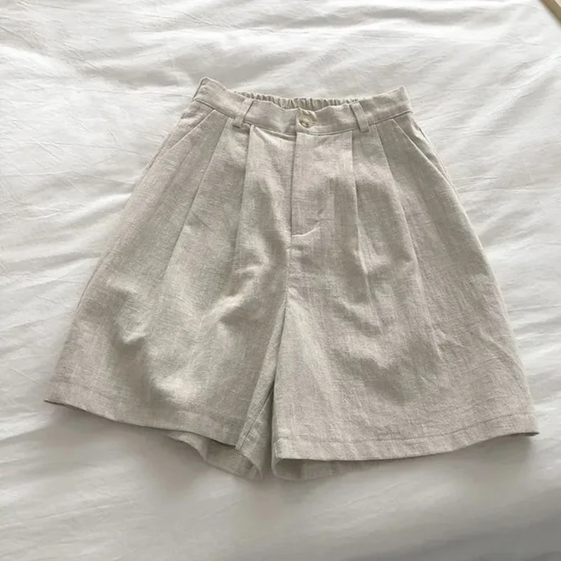 Shorts De Linho De Algodão De Cintura Alta Feminina