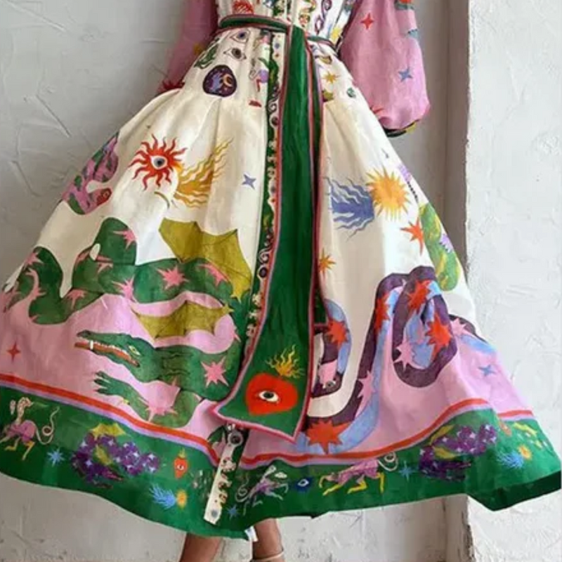 Vestido Colorido Com Manga Bufante