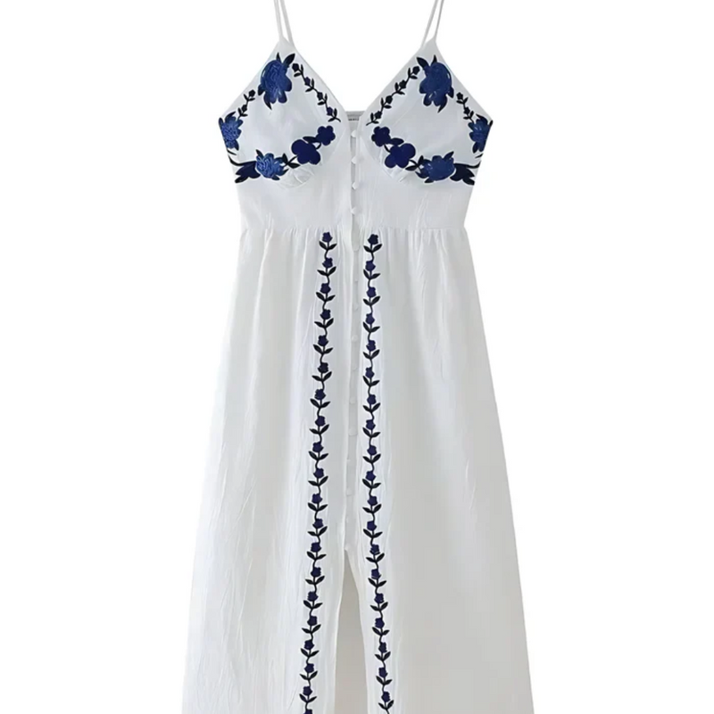 Vestido Longo de Alças Decotado com Detalhes de Crochê