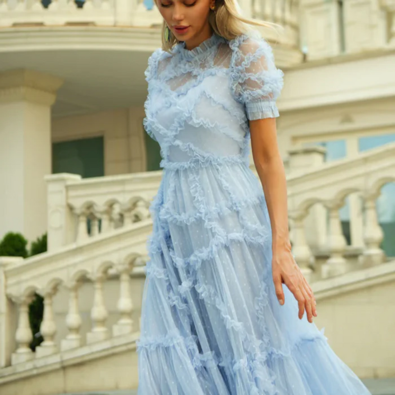 Vestido Midi Em Tule Azul Claro