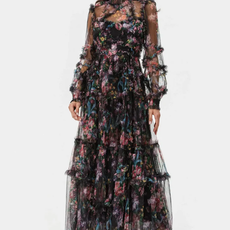 Vestido De Tuli Floral Manga Longa