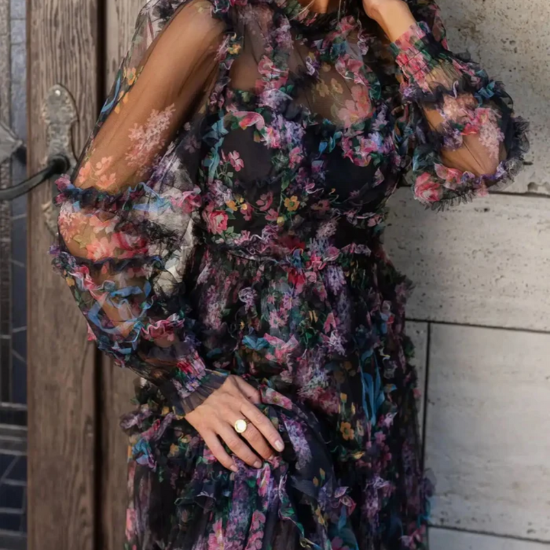 Vestido De Tuli Floral Manga Longa