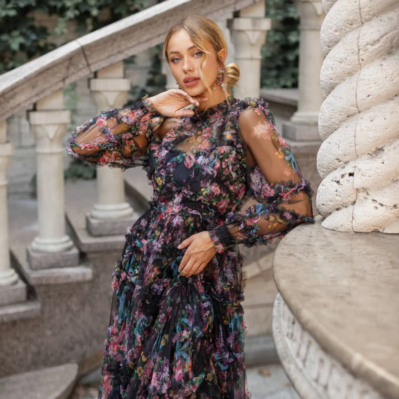 Vestido De Tuli Floral Manga Longa