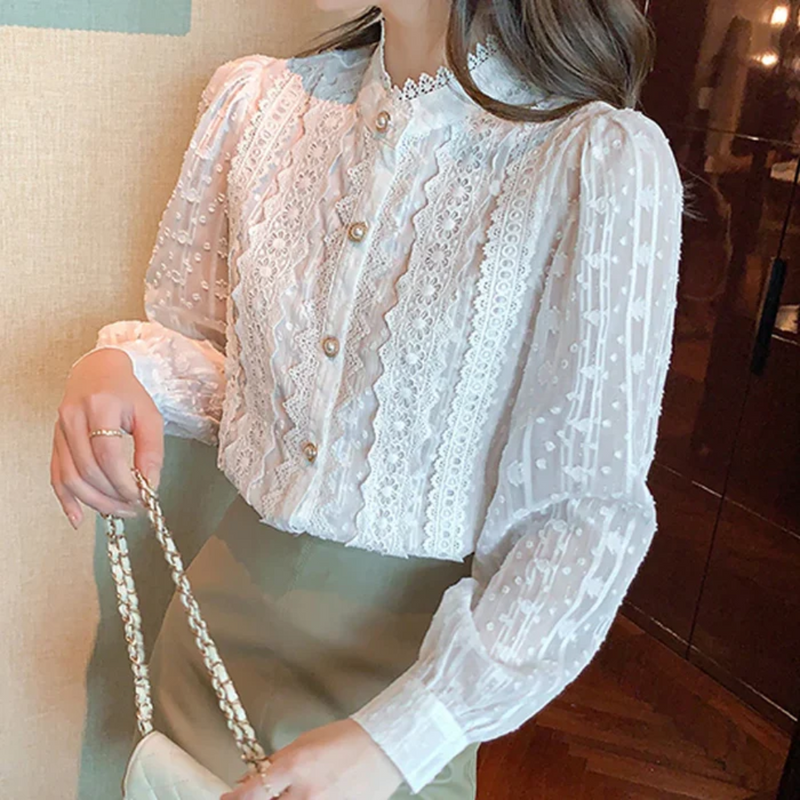 Camisa De Manga Longa Feminina Com Detalhes De Renda
