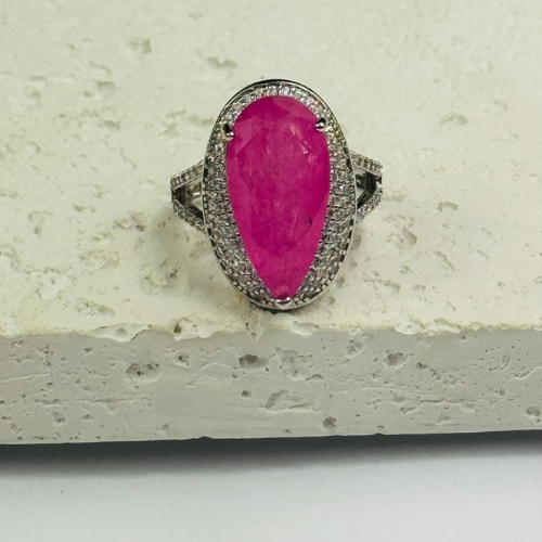 Anel com Pedra Fusion Rosa e Aro Duplo Cravejado