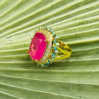 Anel com Pedra Fusion Pink e Dupla Auréola Cravejada