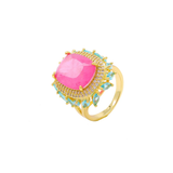 Anel com Pedra Fusion Pink e Dupla Auréola Cravejada