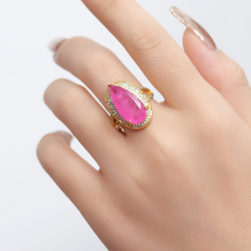 Anel com Pedra Fusion Rosa e Aro Duplo Cravejado