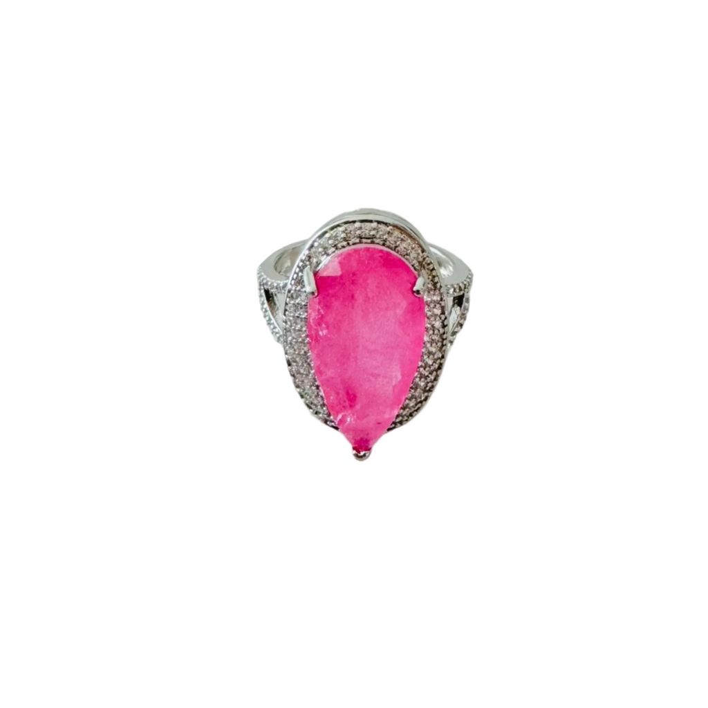 Anel com Pedra Fusion Rosa e Aro Duplo Cravejado