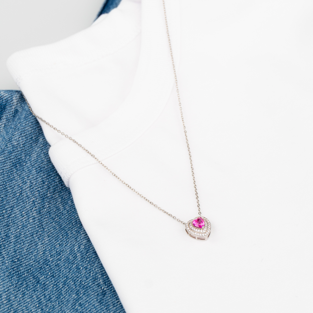 Colar Coração Rosa com  Cravejado