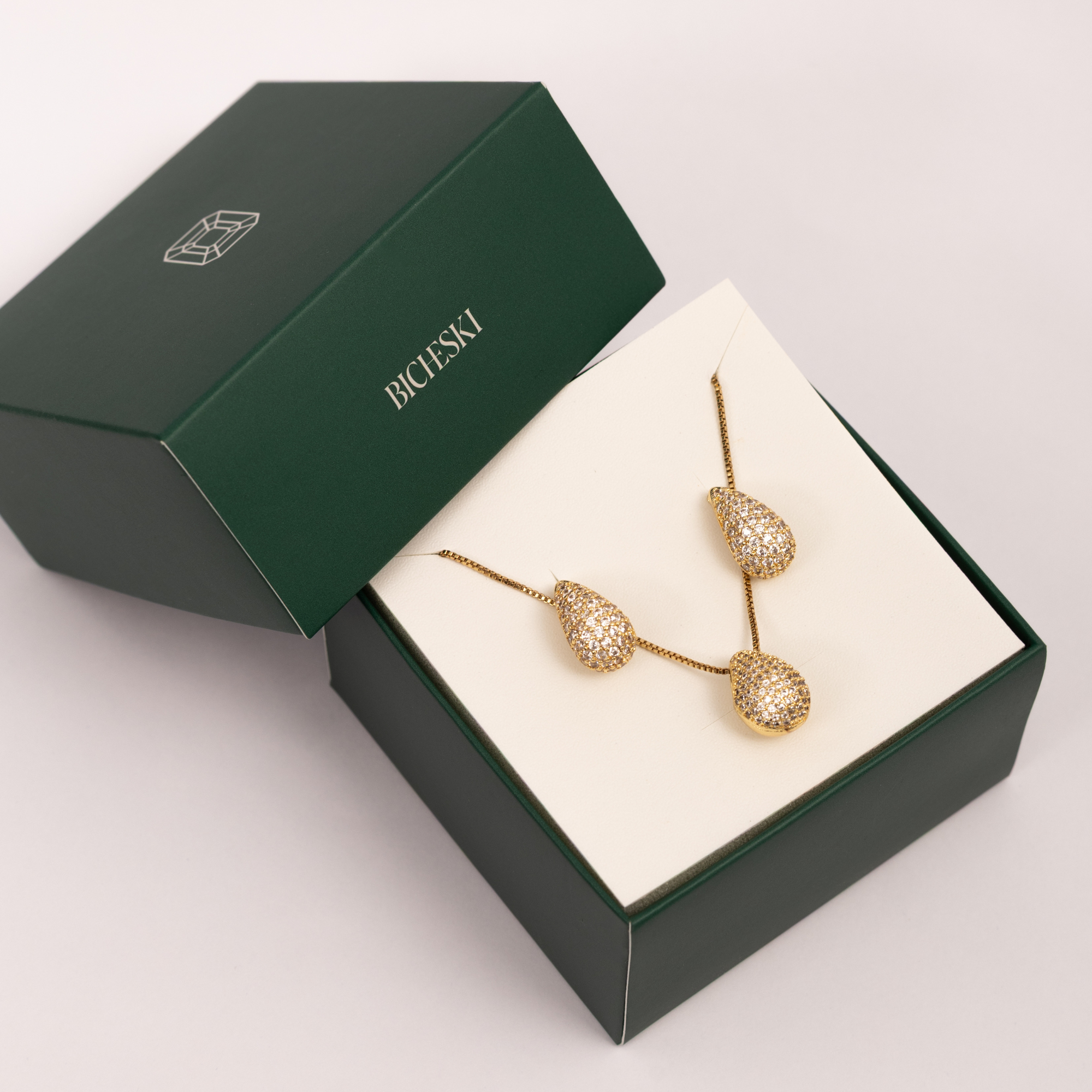 Conjunto Colar e Brincos Gota Texturizada com Micro Zircônias