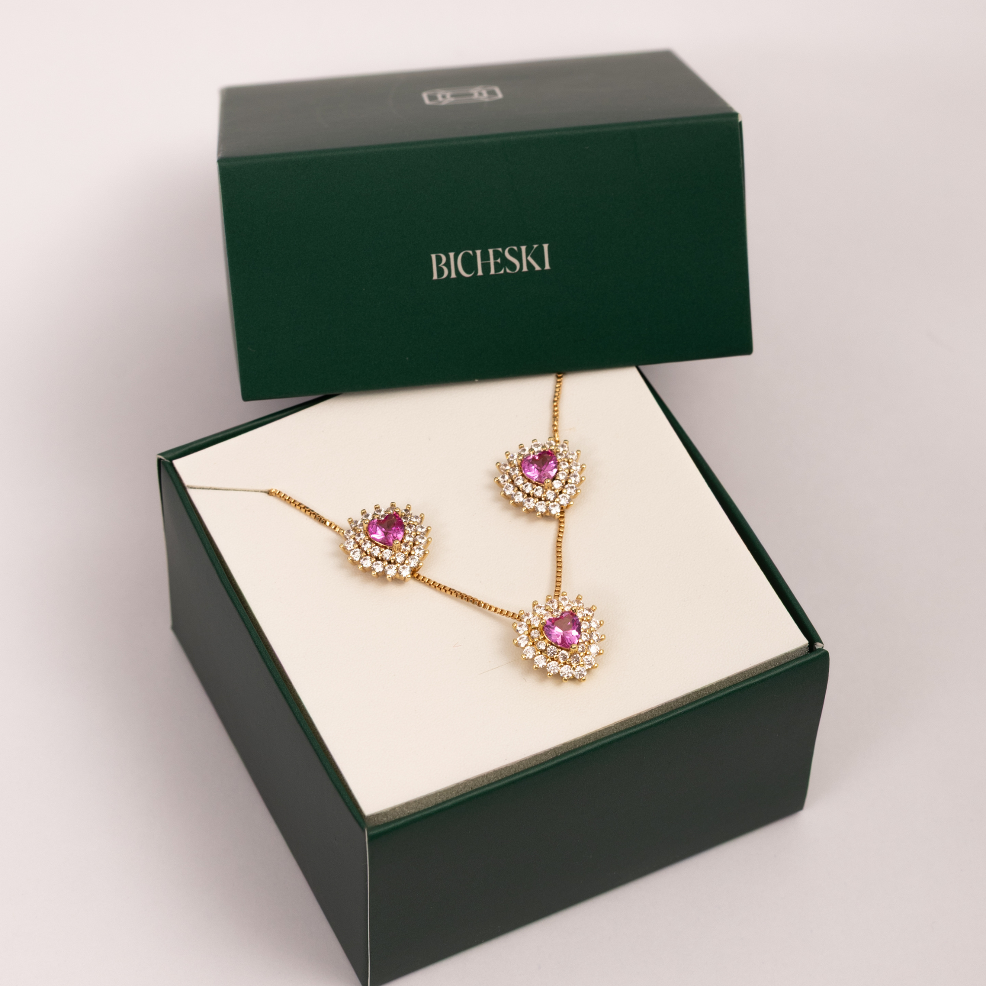 Conjunto Colar e Brincos com Pedras Rosa e Micro Zircônias